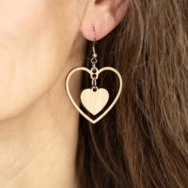 Boucles d'oreilles en bois de chêne, Cœur à Cœur – Image 3