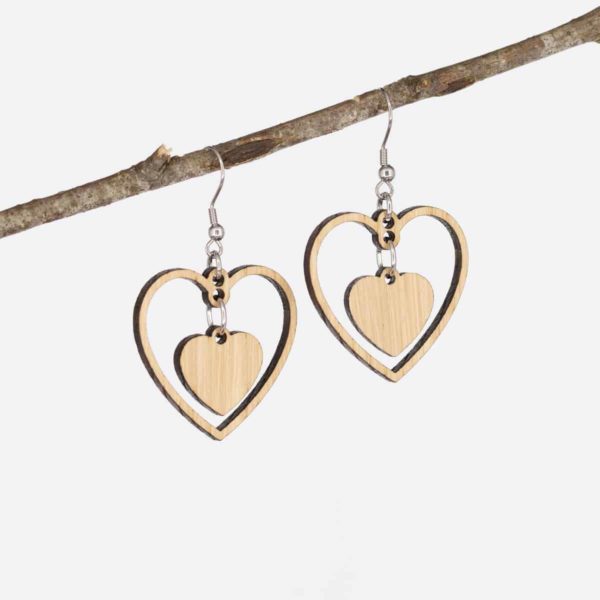 Boucles d'oreilles en bois de chêne, Cœur à Cœur