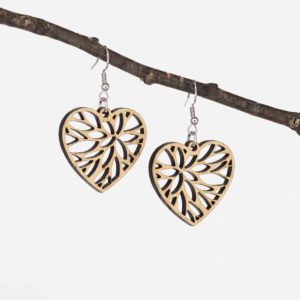Boucles d'oreilles en bois de chêne, Cœur Fleur Tiffany