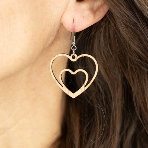 Boucles d'oreilles en bois de chêne, Cœur Jumeau