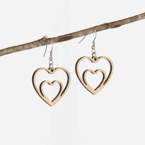 Boucles d'oreilles en bois de chêne, Cœur Jumeau – Image 3