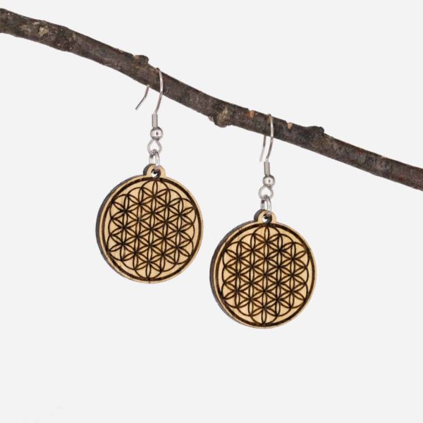 Boucles d'oreilles en bois de chêne, Fleur de Vie – Image 2