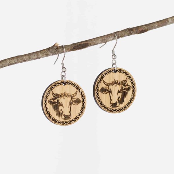 Boucles d'oreilles en bois de chêne, Vache à Fleur
