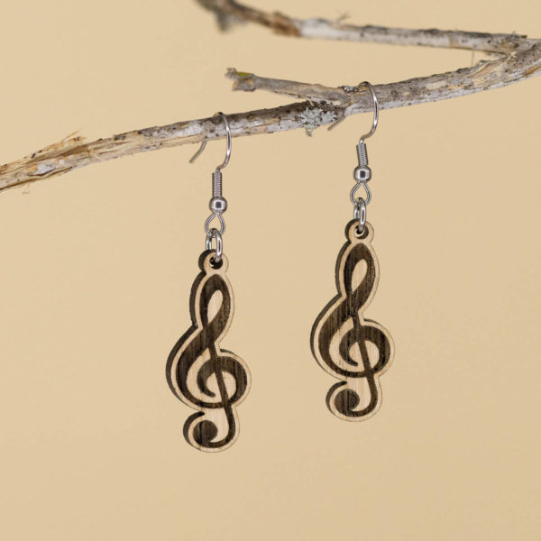 Boucles d'oreilles en bois de chêne, Clef de Sol – Image 3