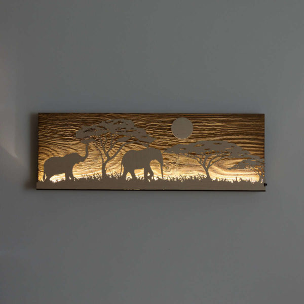 Tableau LED sans fil, 200x580 mm, Afrique Eléphant sur vieux bois – Image 3