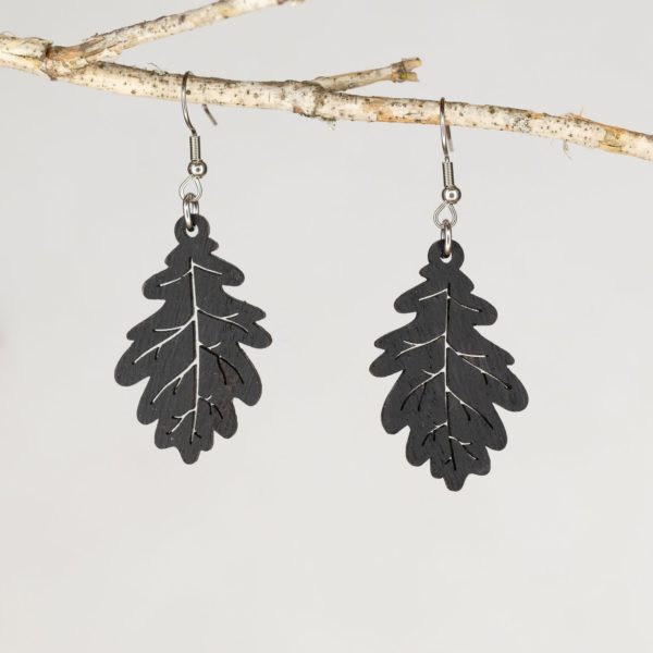 Boucles d'oreilles en bois de chêne ébonisées, Feuille de Chêne