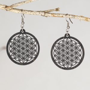Boucles d'oreilles en bois de chêne ébonisées, Fleur de Vie